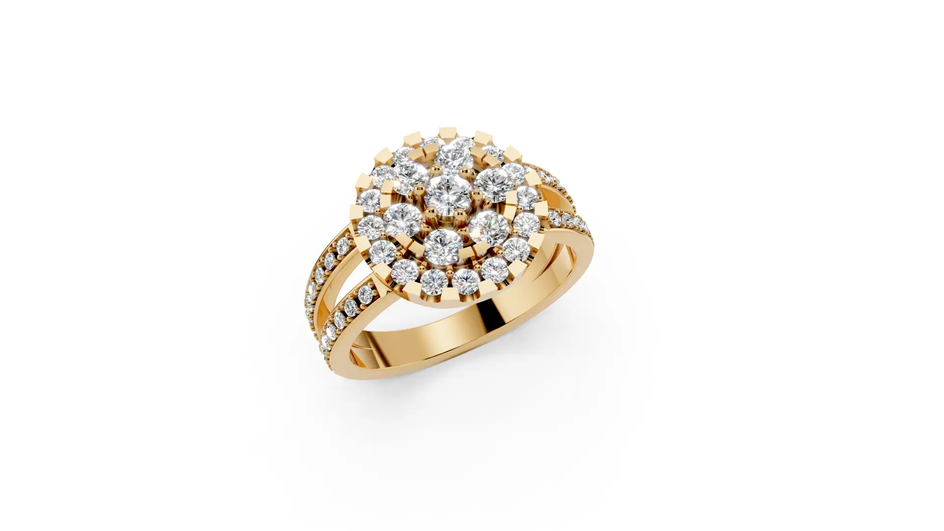 Inel cu halo dublu, confecționat pe comandă din aur. Montura are 67 de diamante. Ideal pentru ocazii speciale de tip eveniment, aniversări, cereri în căsătorie. Model personalizabil,